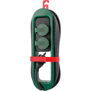 2-fach Steckdosenleiste IP44 für Außenbereich, mit Kabelaufwicklung und Schutzdeckel.