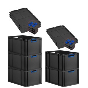 PROREGAL SparSet: 5 Euroboxen Nextgen Color mit Deckel, 65L, schwarz mit blauen Griffen. Aufbewahrungsboxen.