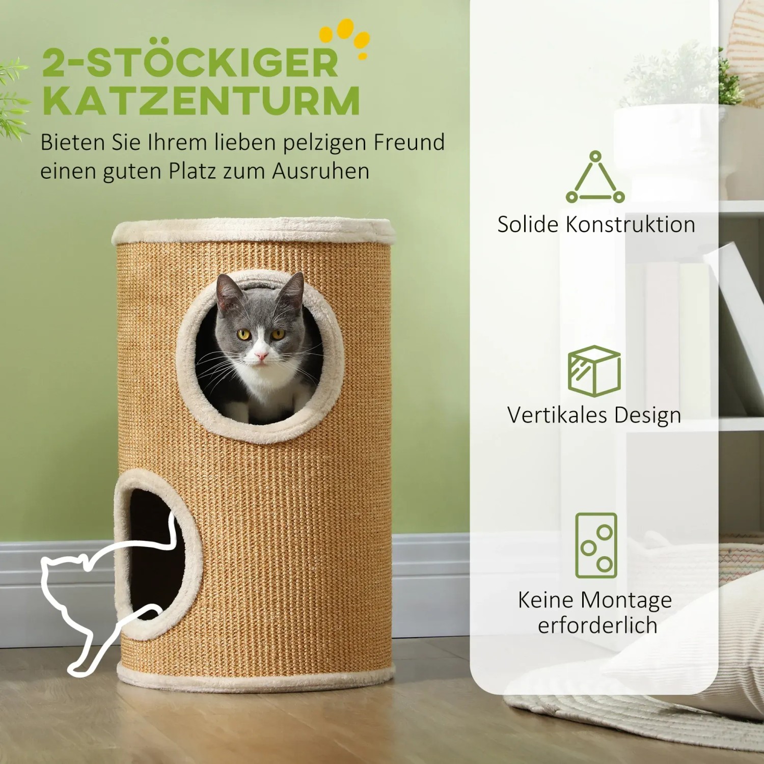 Braune PawHut Kratztonne mit zwei Etagen und Katze, Ø35x60cm. Kratzbaum aus Sisal und Plüsch.