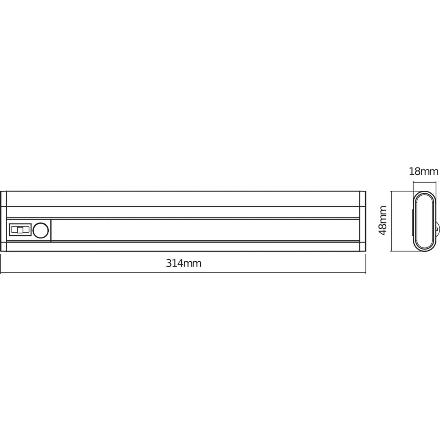Abbildung der Osram LED Unterbauleuchte Linear Mob Batt mit Maßangaben.