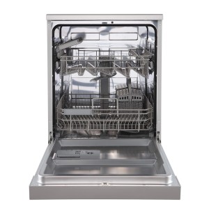 Offener Respekta Unterbau-Geschirrspüler Bena 60 cm in Silber, Innenraum mit Körben und Haltern.