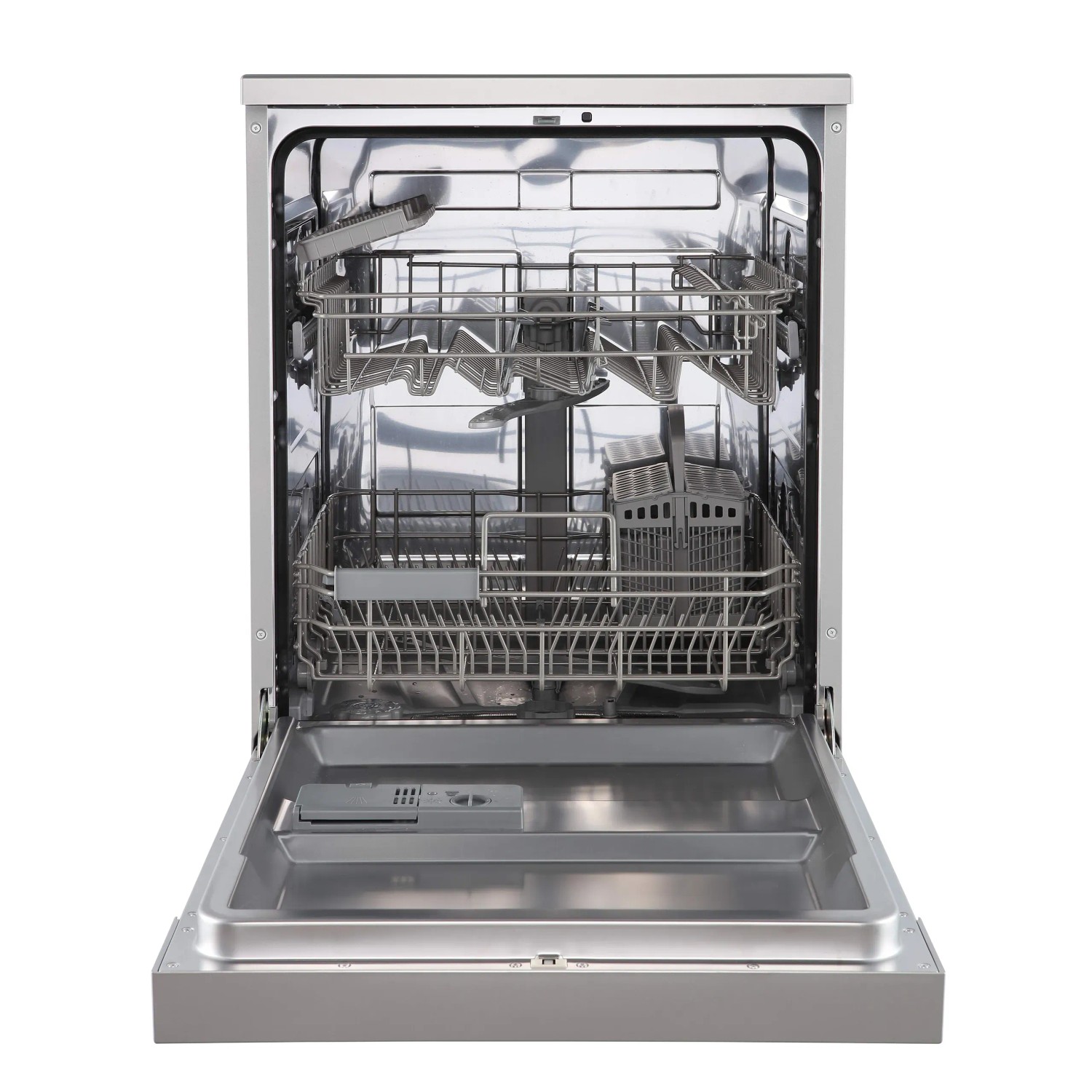 Offener Respekta Unterbau-Geschirrspüler Bena 60 cm in Silber, Innenraum mit Körben und Haltern.