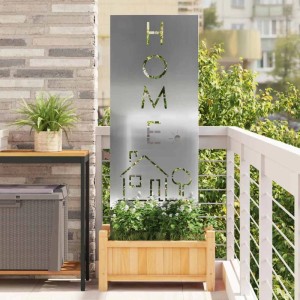 Silberner vidaXL Garten Sichtschutz aus Stahl mit "HOME" und Haus-Motiv, 50x140 cm.