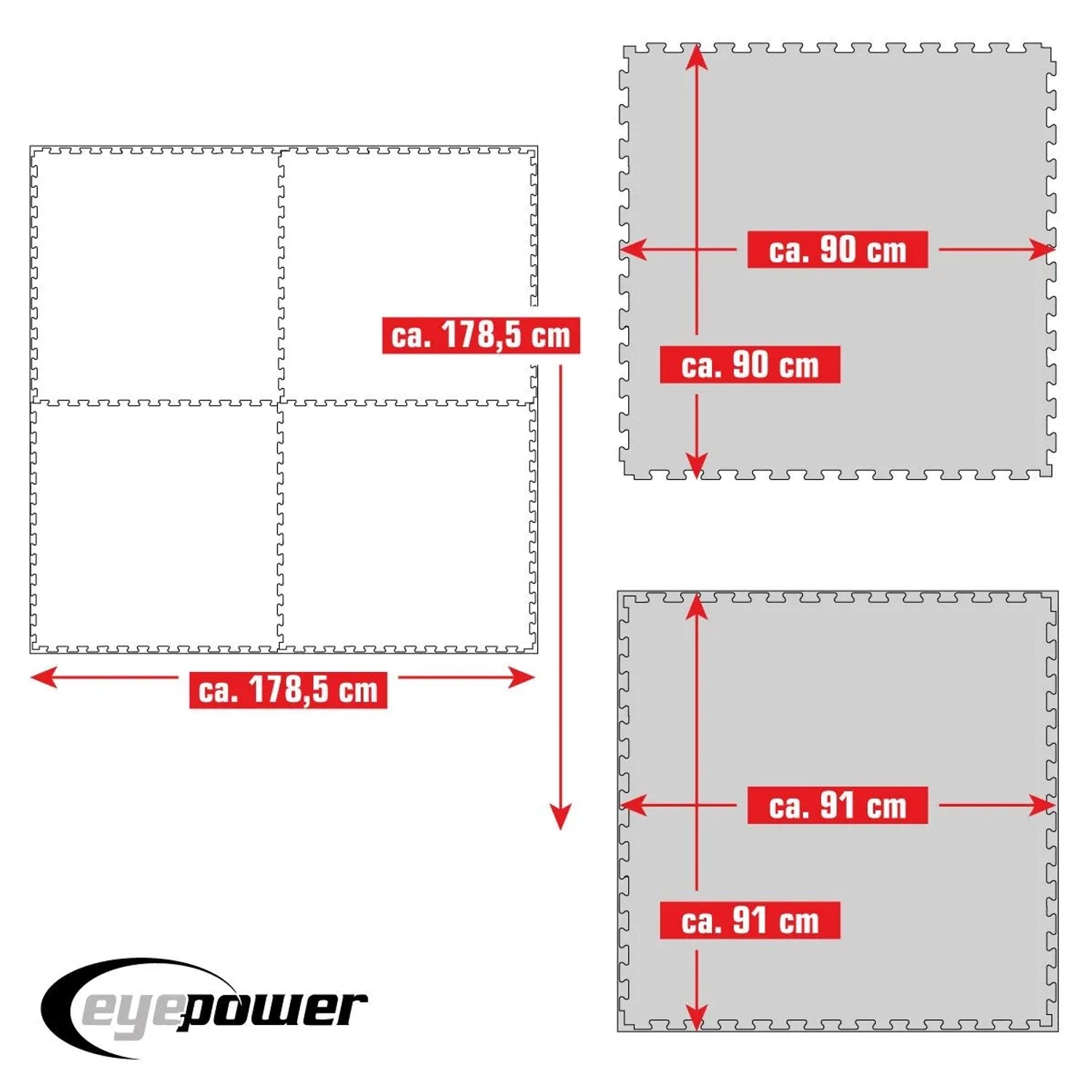 eyepower Fitnessmatte 4er Set: Maße der 90x90x2 cm Puzzleteile und Gesamtfläche 178,5x178,5 cm.