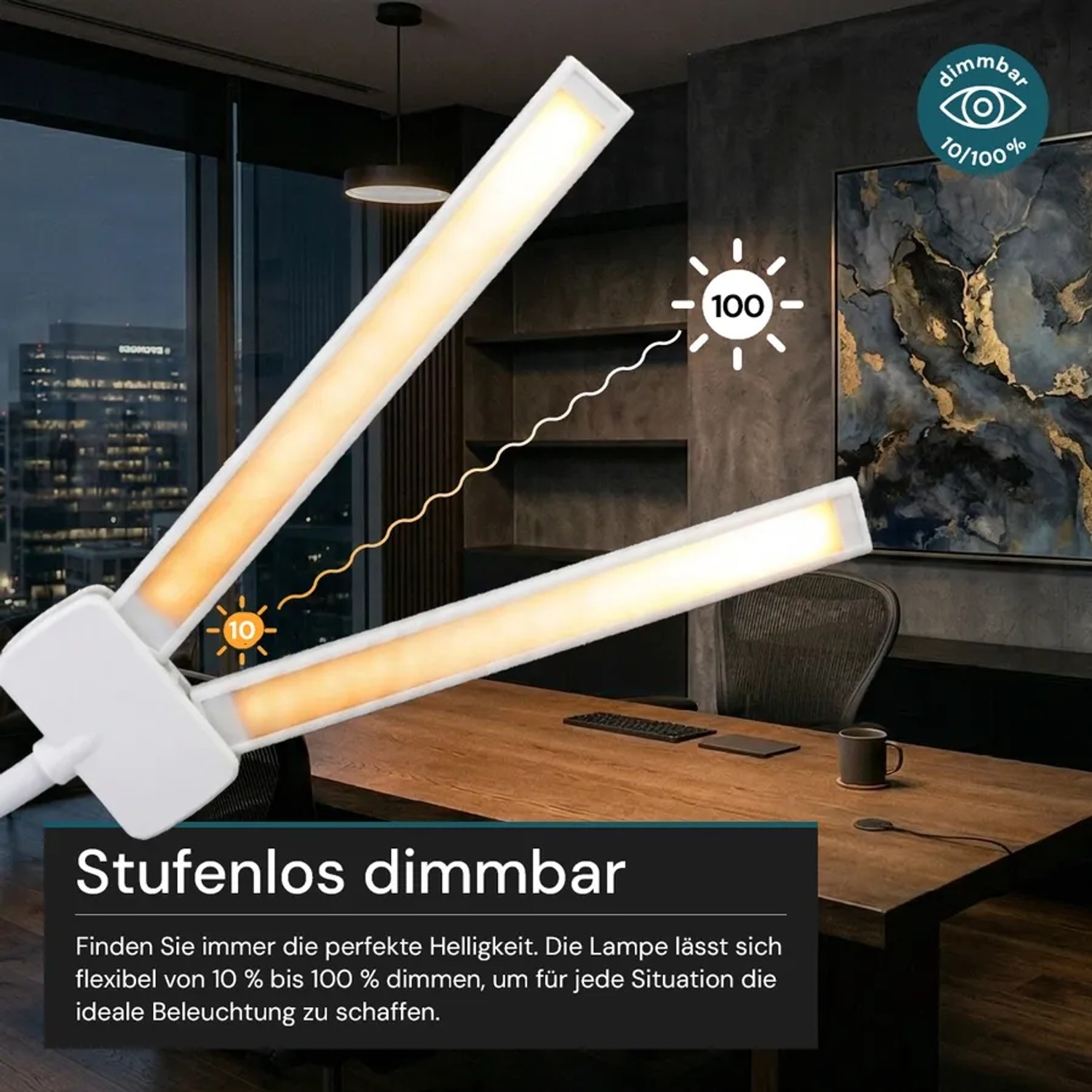 Weiße LUXULA LED Schreibtischlampe Doppelkopf auf Schreibtisch, dimmbar.
