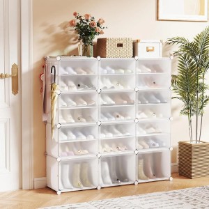 Weißer Costway Schuhschrank mit 12 Fächern und Haken, gefüllt mit Schuhen.