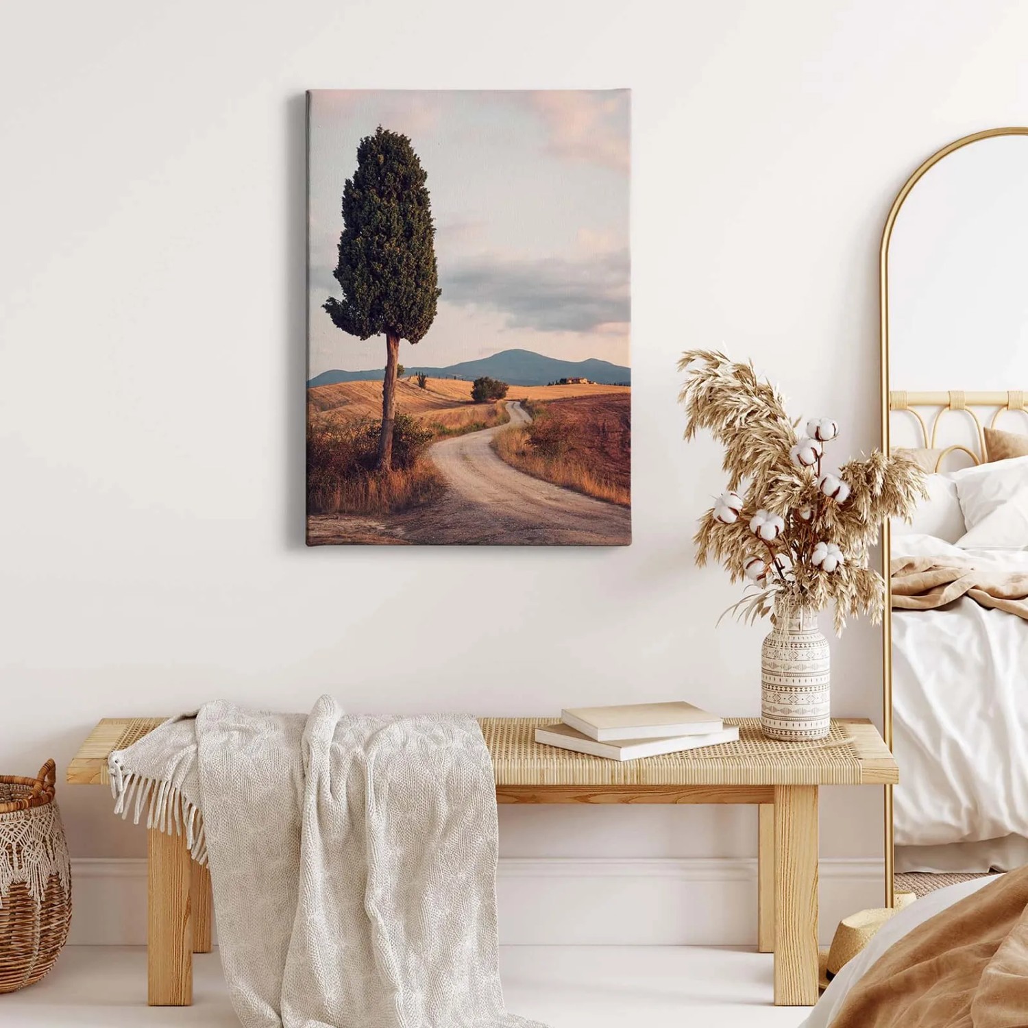 Leinwandbild Landschaft mit Zypresse und Straße im Sonnenuntergang, Wanddeko für Wohnzimmer.