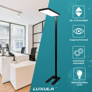 Schwarze LUXULA LED Stehlampe mit Up/Downlight für Büro, dimmbar und neutralweiß.