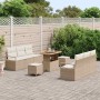 Beiges 9-teiliges vidaXL Garten-Sofa-Set aus Poly Rattan mit Stauraum und Tisch.