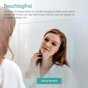 Frau vor Emke LED Badspiegel 60x80 mit Anti-Beschlag Funktion.
