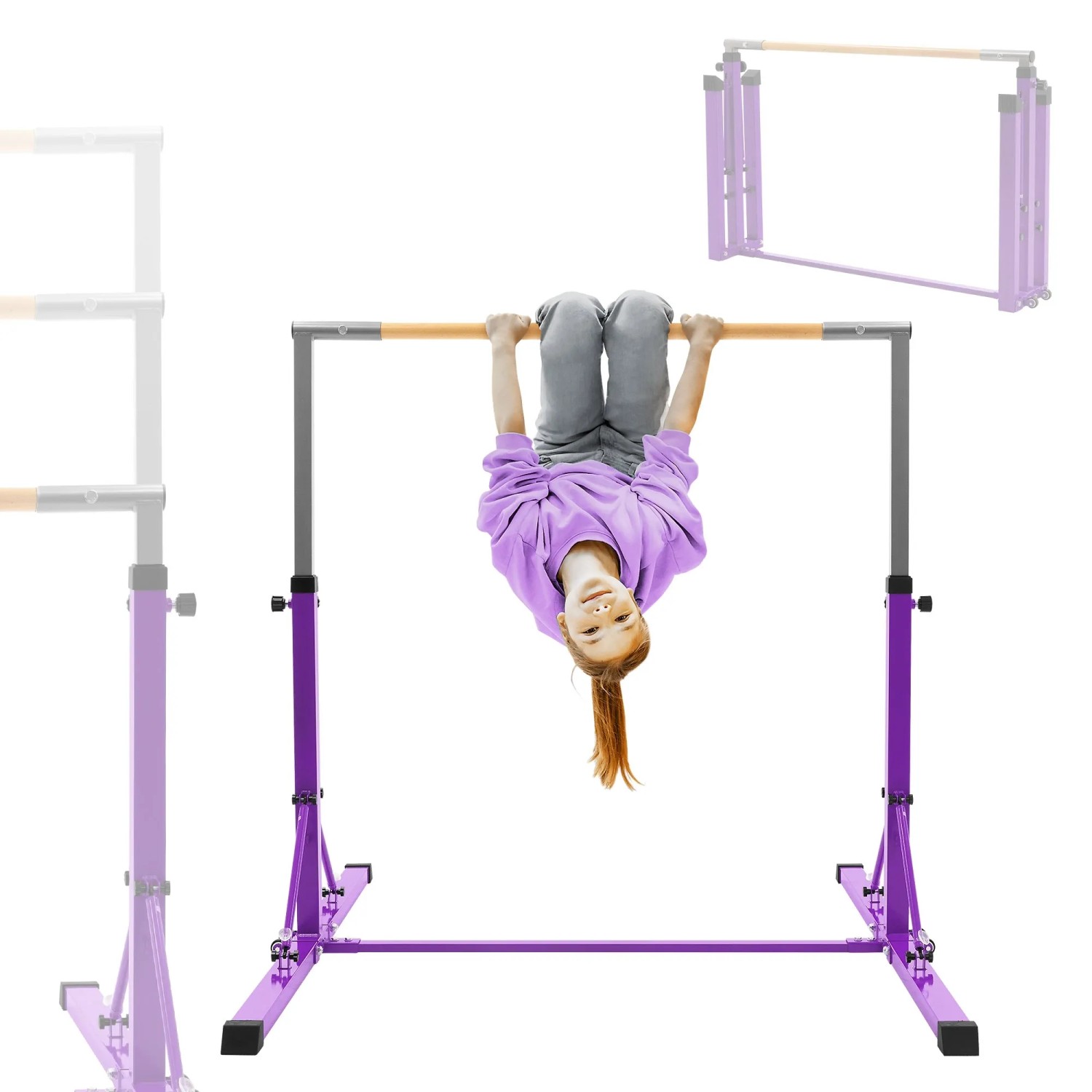 Lila Hauki Gymnastik Turnreck, höhenverstellbar, mit Kind kopfüber. Faltbares Sportgerät für Spiel & Spaß.