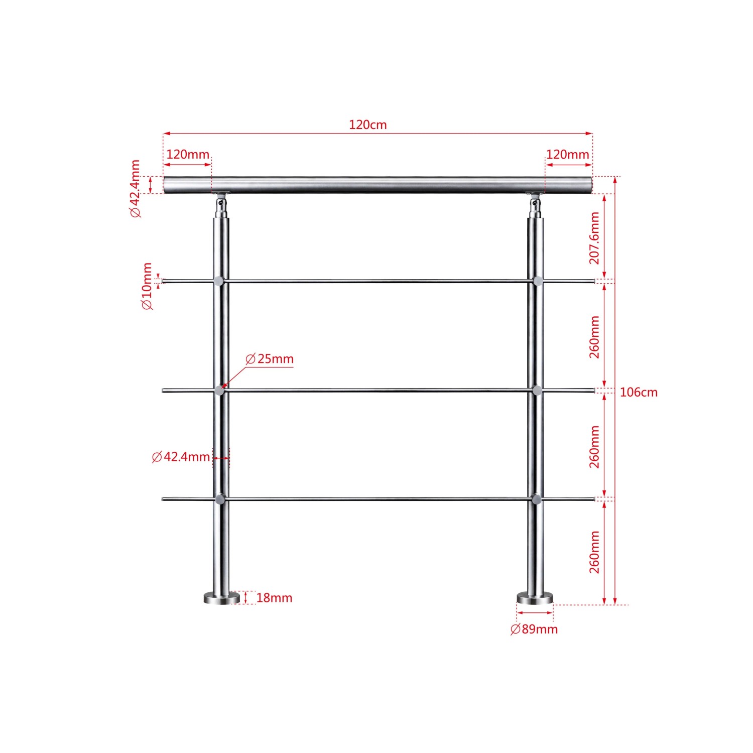 Technische Zeichnung: Edelstahl Geländer 120 cm mit 3 Querstäben, Maße für Treppen & Außenbereich Zubehör.