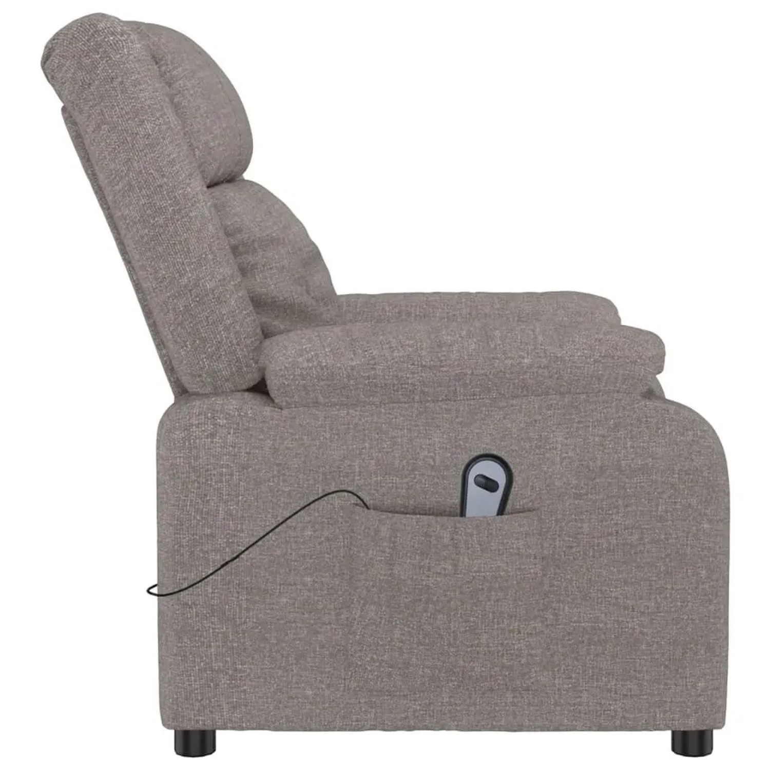 Elektrischer Relaxsessel in Taupe mit Fernbedienung in Seitentasche.