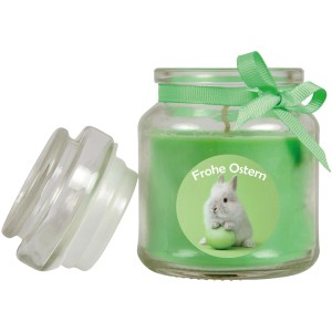Grüne Duftkerze im Glas mit Osterhase und Schleife, Brenndauer 30h.
