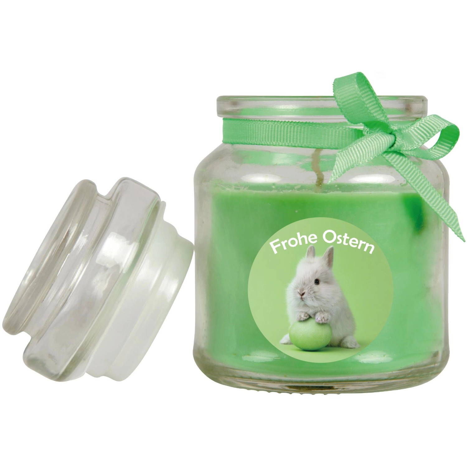 Grüne Duftkerze im Glas mit Osterhase und Schleife, Brenndauer 30h.