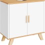 Weißer EUGAD Waschbeckenunterschrank mit 2 Türen, Holzoptik-Platte und schrägen Beinen. Badschrank für Stauraum.