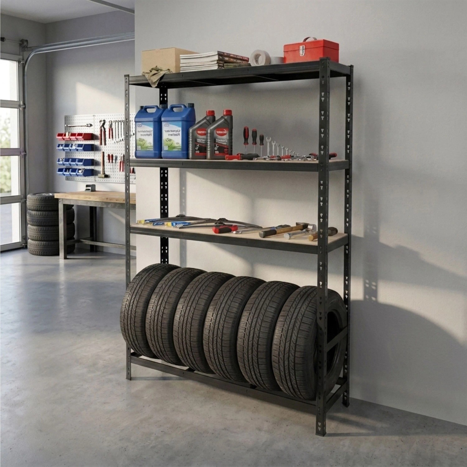 Schwarzes Stahl Reifenregal mit 3 MDF-Ablagen für 6 Autoreifen und Werkzeuge in Garage. Höhenverstellbares Ordnungssystem.
