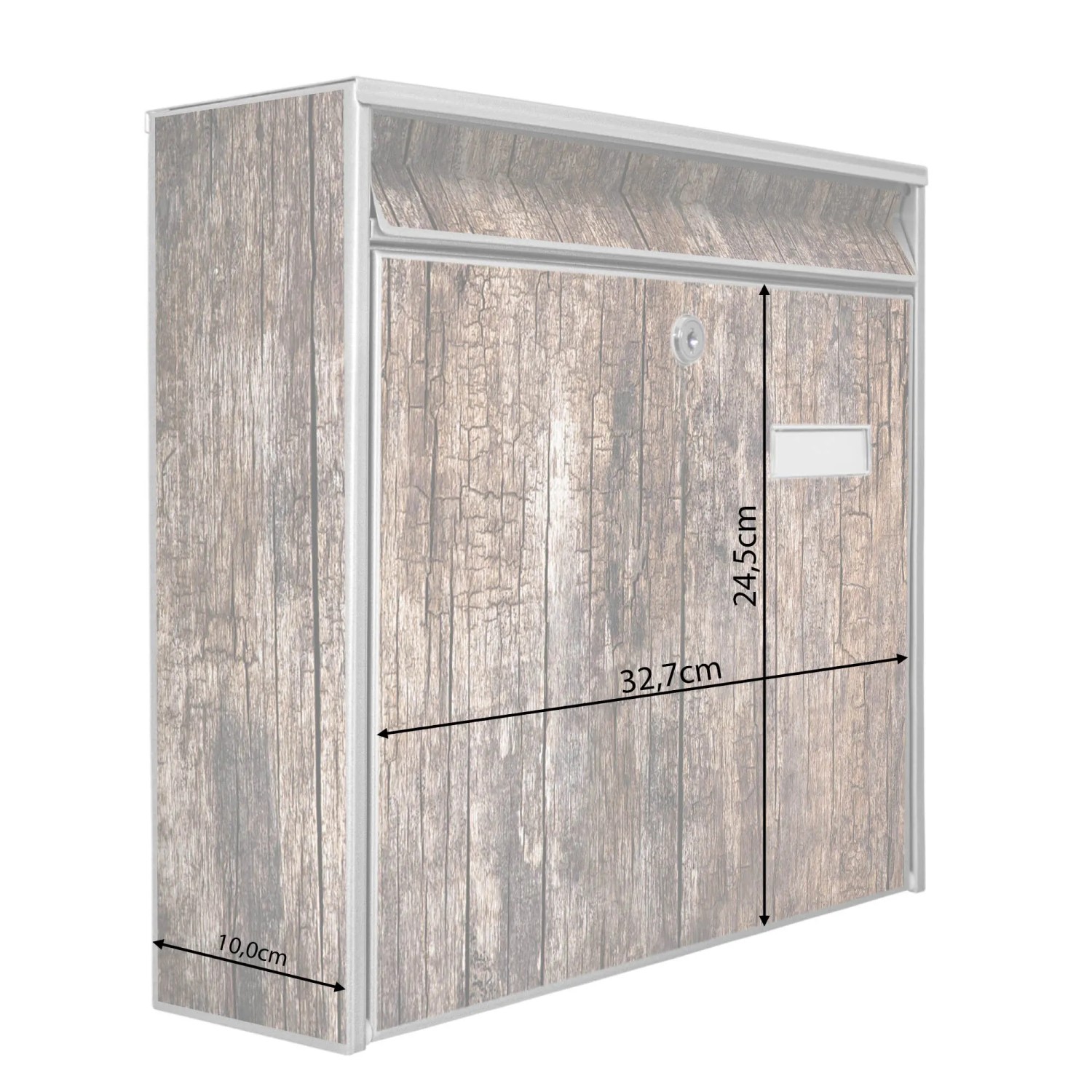 Silberner Banjado Briefkasten mit Holz-Motiv, inkl. Montagematerial und Schlüsseln. Großes Fassungsvermögen.