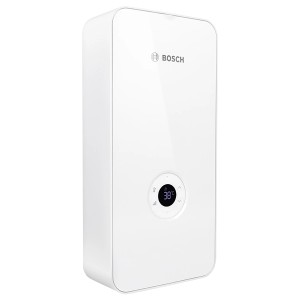Weißer Bosch Tronic Advanced AquaStop Durchlauferhitzer mit digitalem Display.