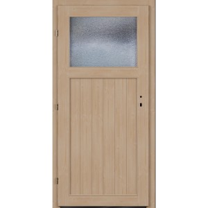 Roro Nebeneingangstür aus Fichte mit Ornamentglas, DIN links, nach außen öffnend.