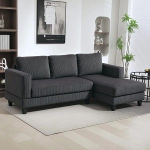 Dunkelgraues L-förmiges HOMCOM Ecksofa aus Cordstoff mit Schaumstoffpolsterung im Wohnzimmer.
