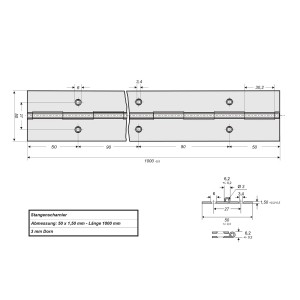 SOTECH Stangenscharnier 1000x50x1,5mm Edelstahl matt. Technische Zeichnung mit Maßen für Möbel.