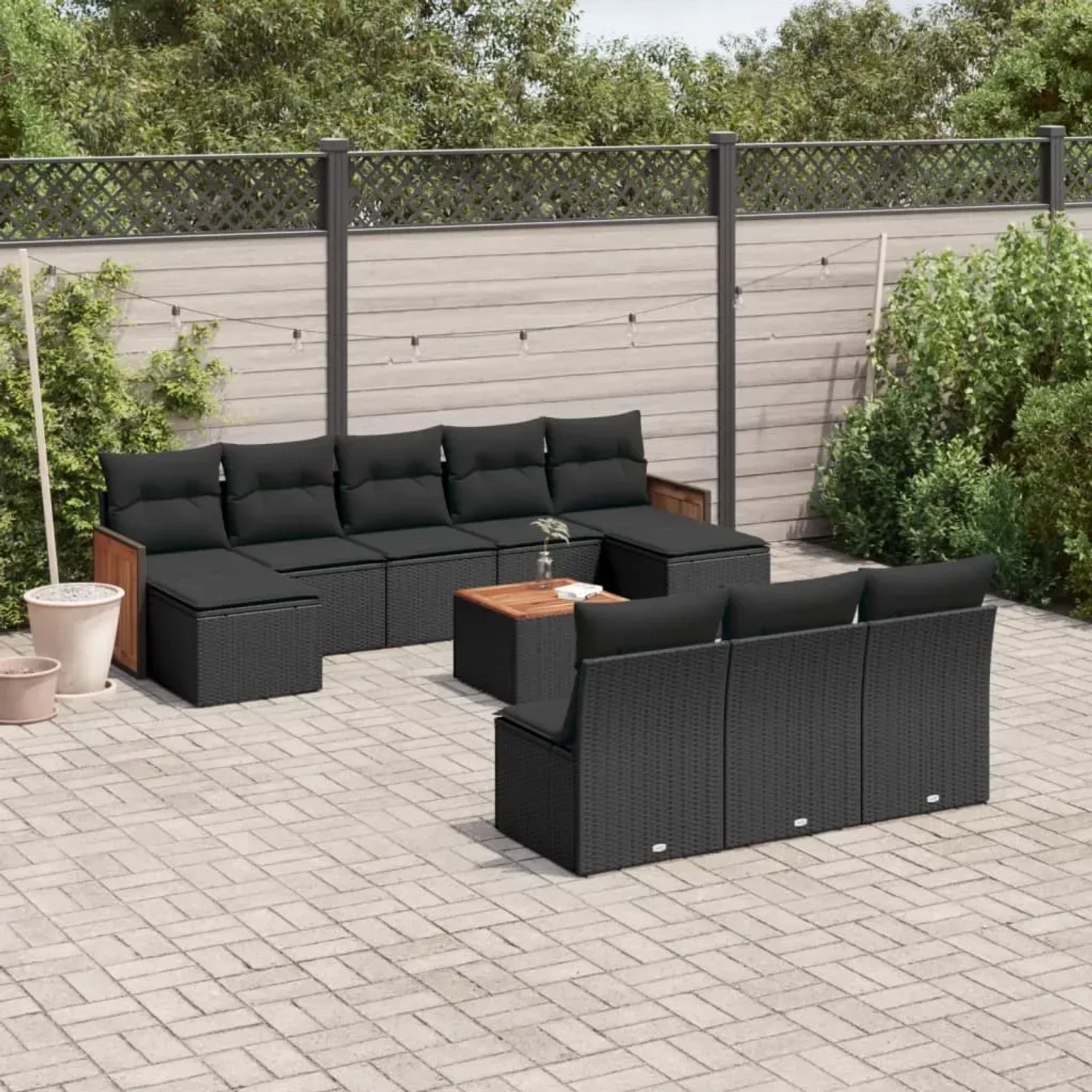 vidaXL 11-tlg. Garten-Sofagarnitur aus schwarzem Poly Rattan mit Kissen. Gartenmöbel-Set mit Tisch, Sesseln und Hockern.