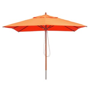Großer eckiger Terracotta Holz-Sonnenschirm 3x3m mit Seilzug und Winddach, ideal für Gastronomie.