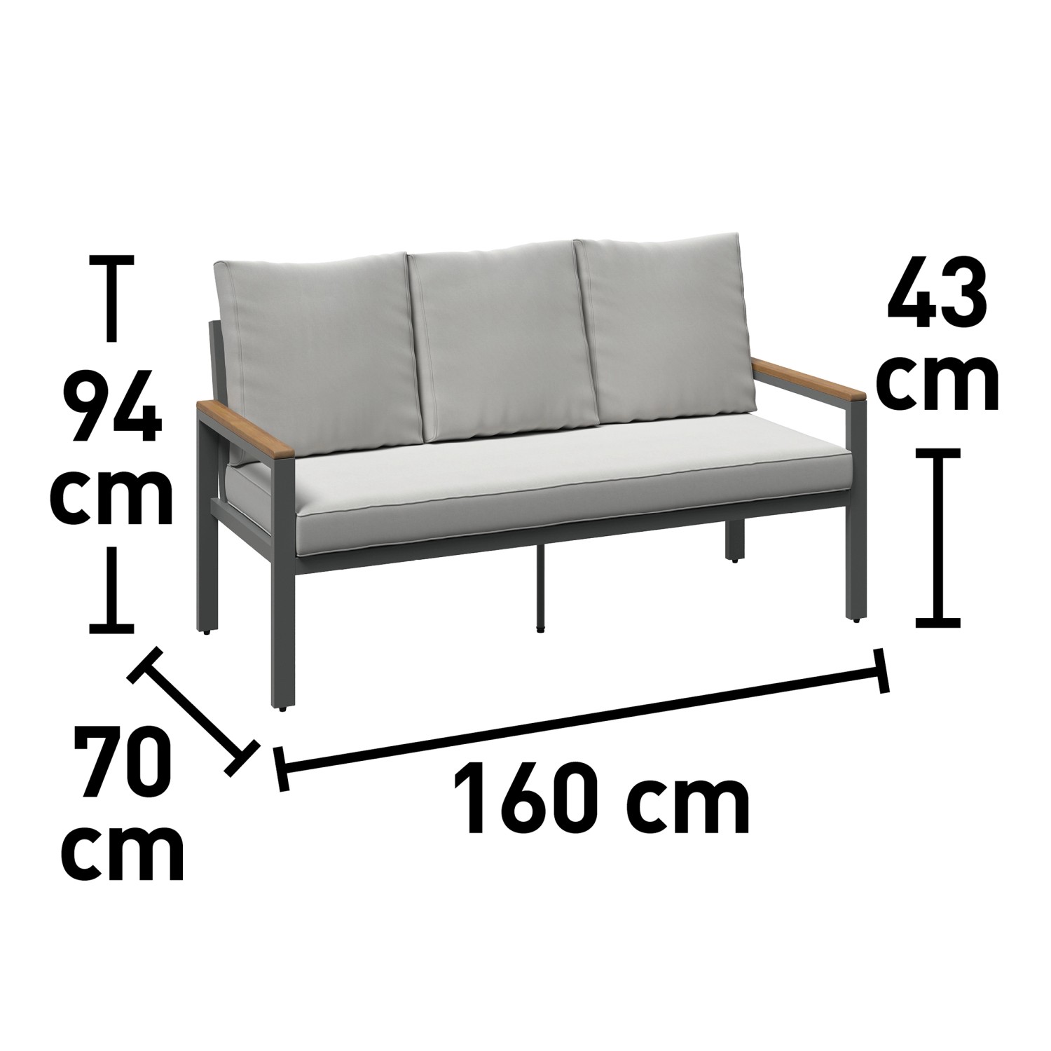 Detailansicht Loungegruppe Moonbeam: 3-Sitzer Bank mit Maßen. Gartenmöbel mit anthrazitfarbenem Gestell und beigen Polstern.