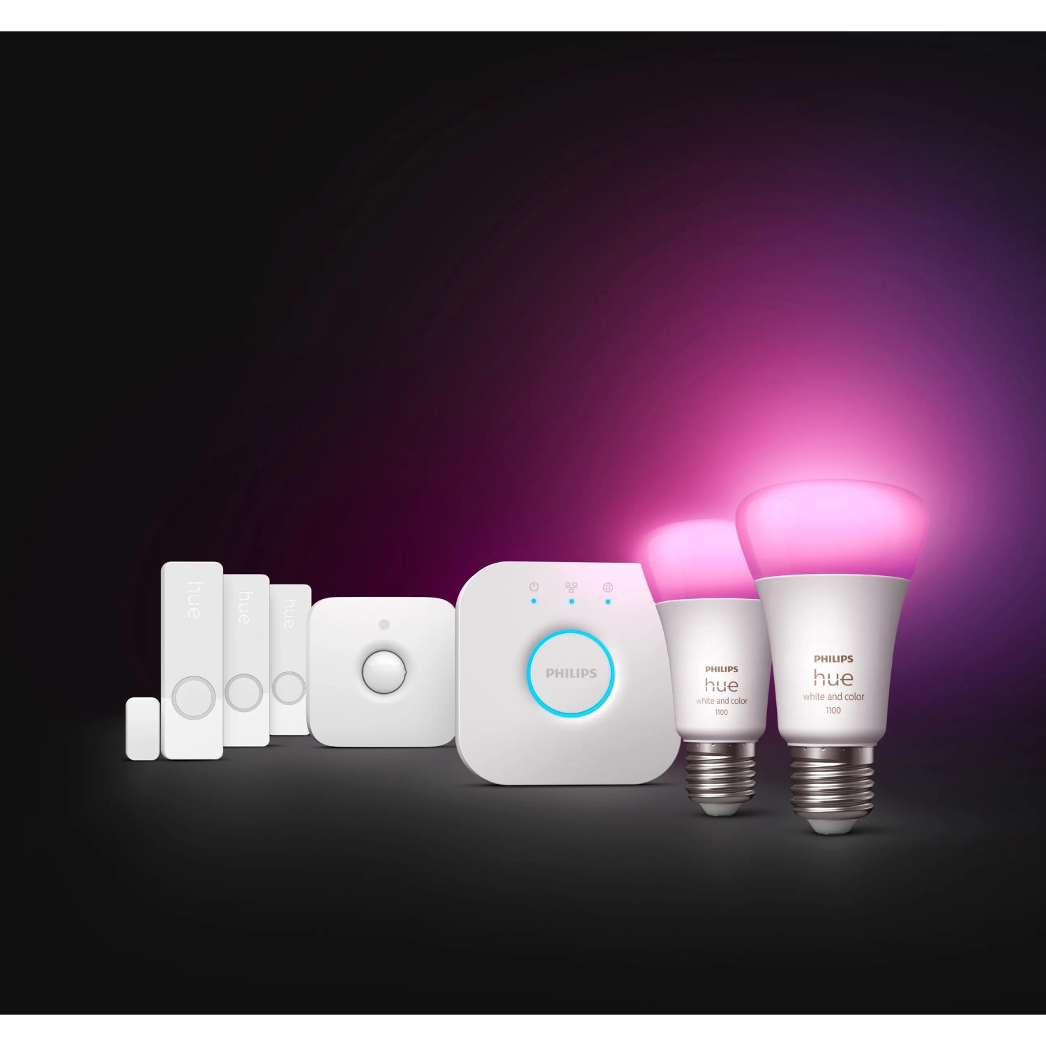 Philips Hue Secure Starter-Set mit Kontaktsensor: 2 smarte Lampen, Bridge, Bewegungsmelder und 3 Sensoren.