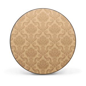 Runde, schwarze Magnettafel (47cm) mit beigem Tapetenmuster als Wanddekoration.