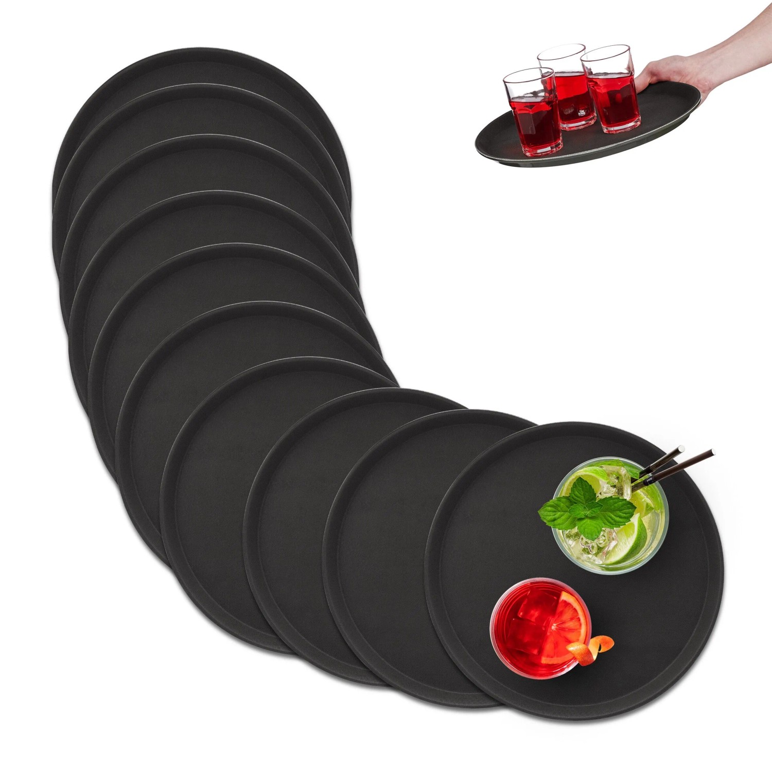 Relaxdays Serviertablett 10er Set Kunststoff Schwarz Rutschfest ø 35 cm