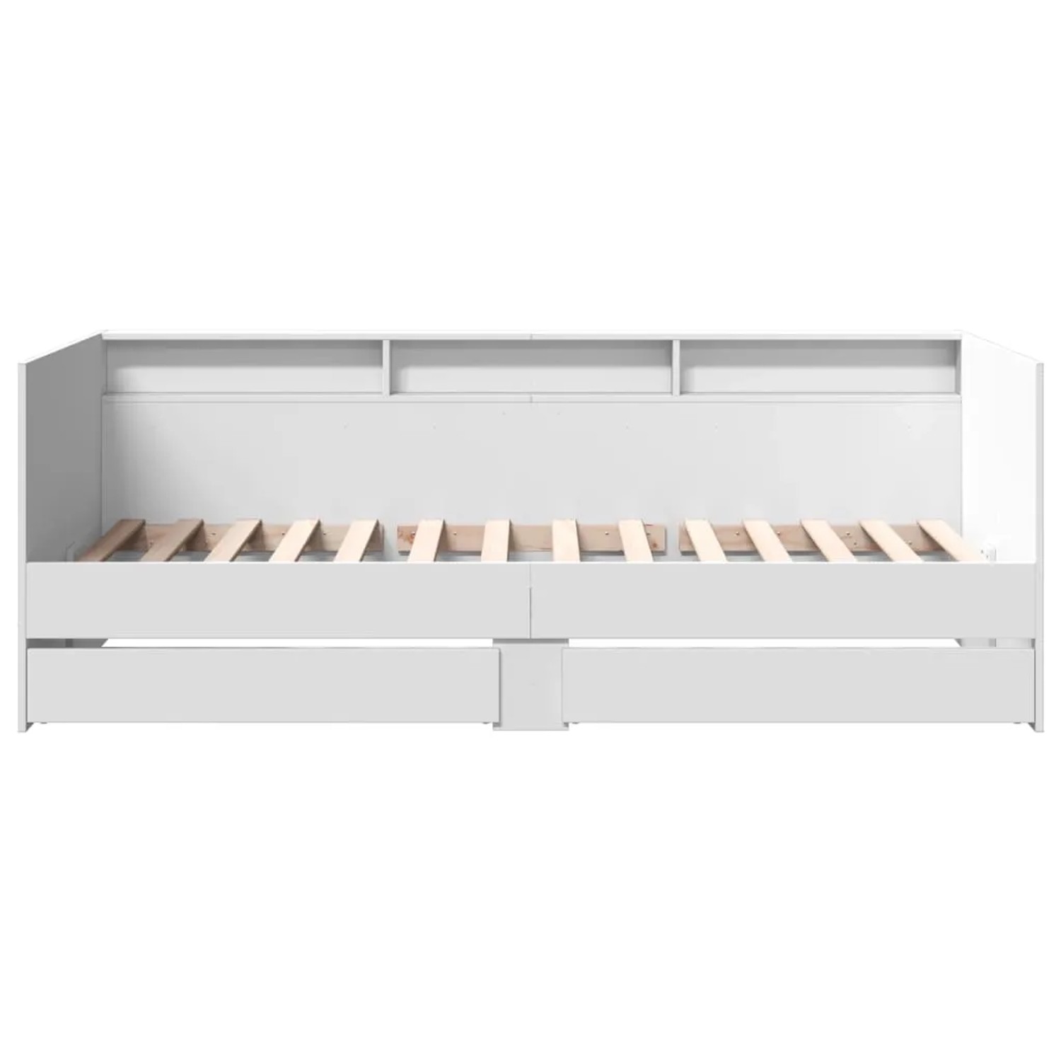 Weißes Tagesbett aus Holzwerkstoff mit Lattenrost, integrierten Regalen und zwei Schubladen. Ideal als Sofa oder Bett.