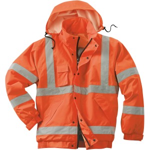 Orangefarbener Scheibler Warnschutz-Blouson Basic Gr. XL mit Kapuze und Reflexstreifen.