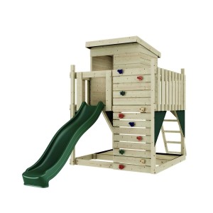 PolarPlay Stelzenhaus Polarlicht, dunkelgrün mit Rutsche und Kletterwand.