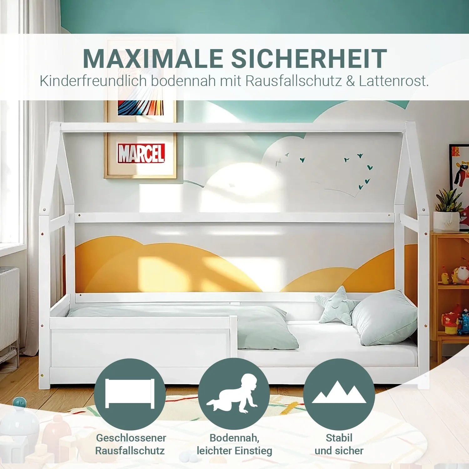 Weißes Homestyle4u Kinderbett Hausbett 90x200 mit Rausfallschutz im Kinderzimmer.