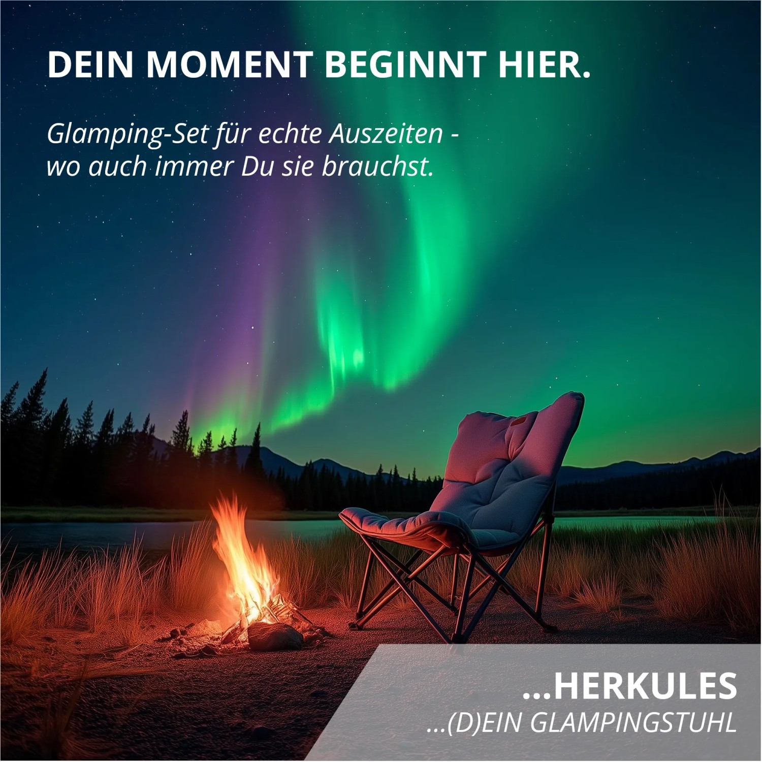 Beiger Eclipse Campingstuhl "Herkules" am Lagerfeuer unter Nordlichtern. Faltbarer Outdoor Stuhl für Camping & Glamping.