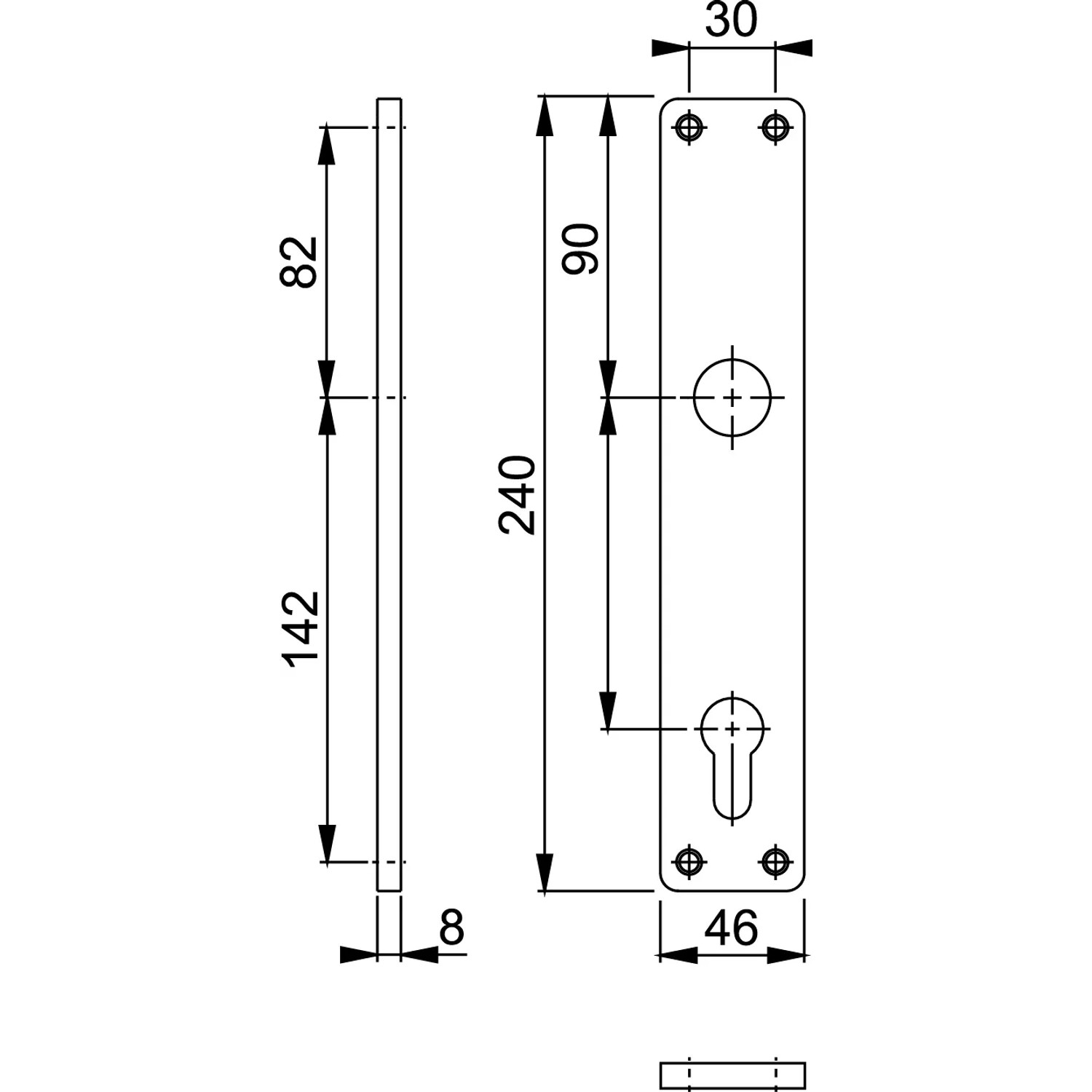 Technische Zeichnung: Hoppe Langschilder Paar Alu Eloxiert PZ-92, Maße und Details für Türbeschläge.