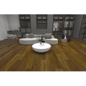 Verlegter Klick-Vinylboden Eiche Messina (18x122cm) im Wohnraum mit Möbeln.