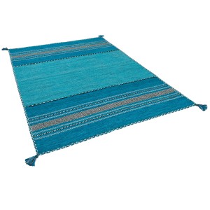Türkisfarbener Kelim Teppich „Navarro“ (170x240cm) mit Fransen, handgewebt. Naturteppich für Wohnräume.
