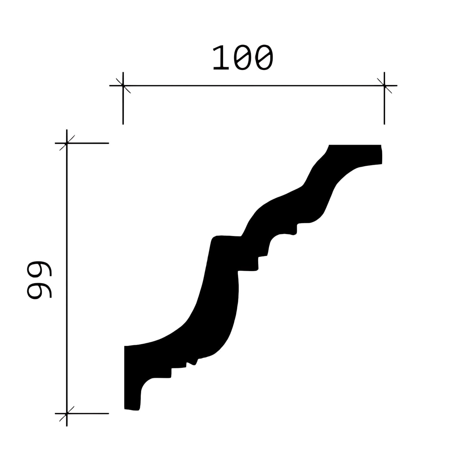 Detailzeichnung: Weiße PROFHOME Eckleiste (100x99mm) im 8er Set (16m) für Paneel-Zubehör.