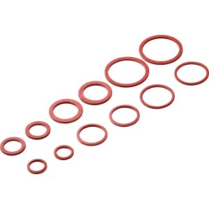 Fiberdichtungs-Set für Rohrleitungen, 12 rote Dichtungsringe in verschiedenen Größen.