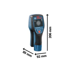 Blau-schwarzes Bosch Professional Ortungsgerät D-tect 120 mit Display, Tasten und Maßen 206x85x92 mm.