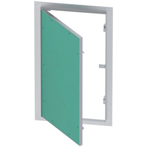 Offene Wiltec Revisionsklappe 30x60cm mit grünem Gipskartoneinsatz und stabilem Aluminiumrahmen für Trockenbau.