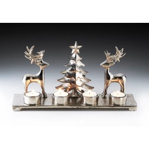 Silberner Kobolo Kerzenhalter mit Rentieren und Tannenbaum für 4 Teelichter als Weihnachtsdeko.