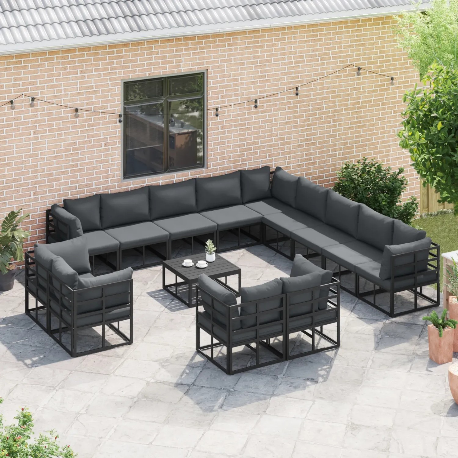 vidaXL Garten-Sofa-Set, 13-teilig, schwarz, mit Aluminiumrahmen und Kissen.