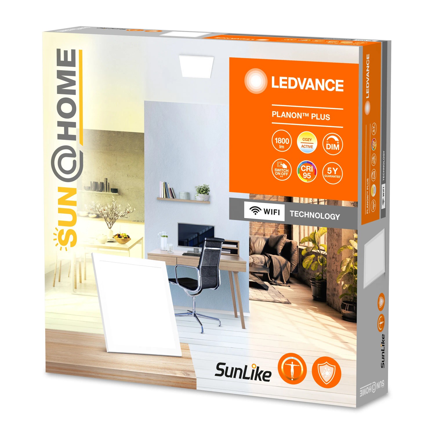 Verpackung der Ledvance Planon Plus Sun@Home Deckenleuchte 30x30 cm mit Smart+ Funktion.