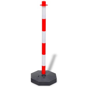 DELUKE Kettenpfosten rot/weiß mit Fuß für Absperrungen, Detailansicht.