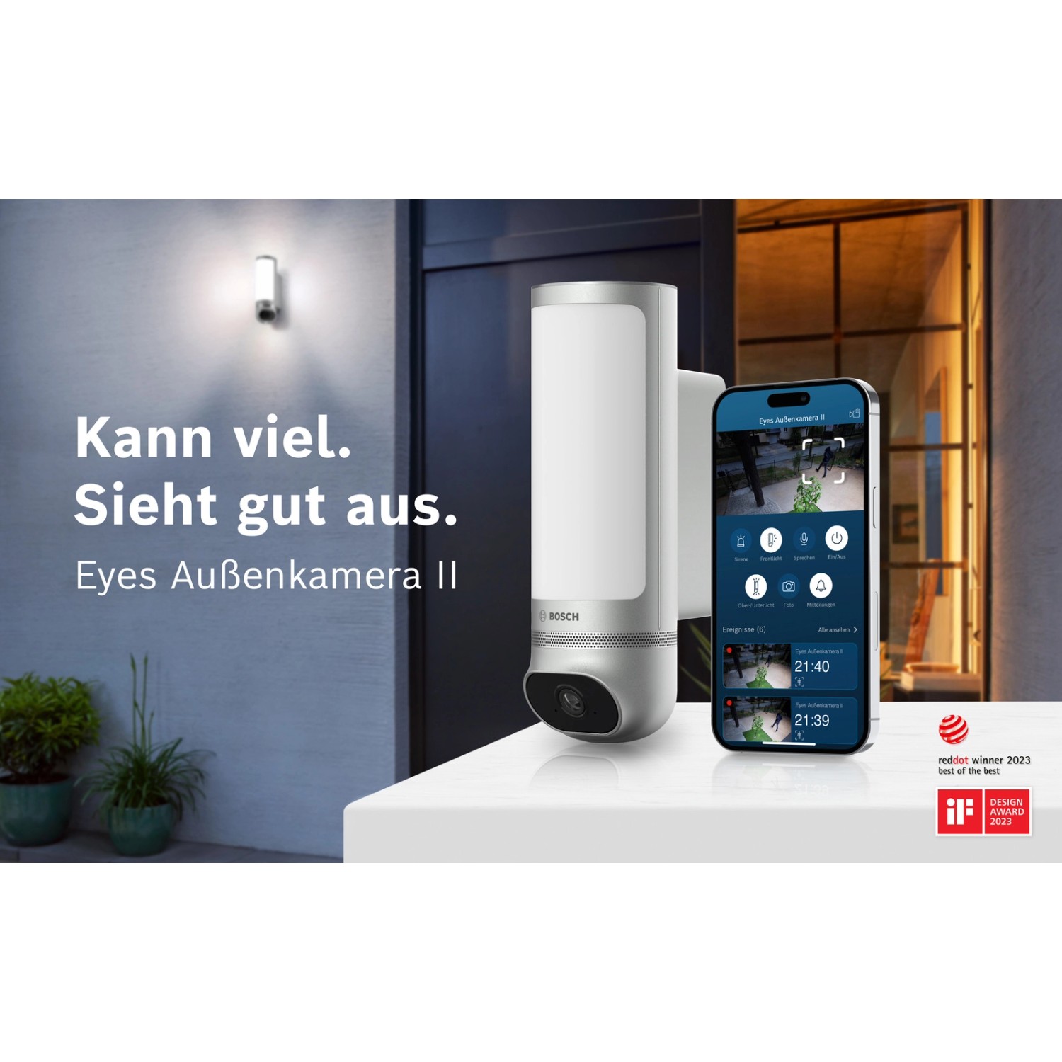 Bosch Eyes II Außenkamera in Silber mit Smartphone-App zur Videoüberwachung.