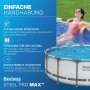 Bestway Framepool Steel Pro Max, lichtgrau, mit entspannter Frau im Wasser. Runder Stahlrahmenpool für einfachen Aufbau & Badespaß im Garten.